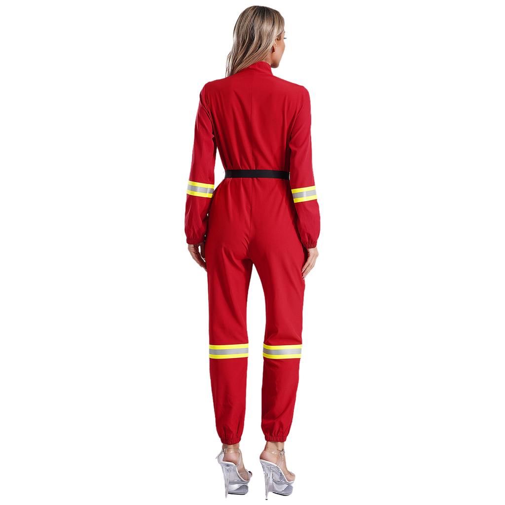 Complete Firefighter Outfit for Women S-3XL: Long Sleeve Belted Romper with Stand Collar, Halloween & Club Party Costume