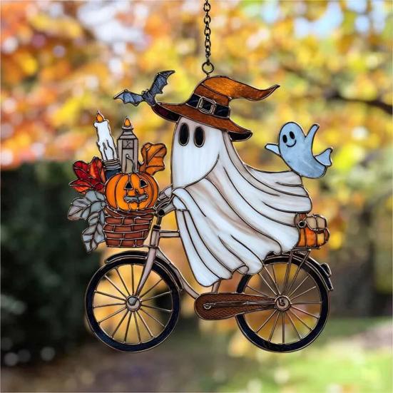 Halloween Ghost Ride Ornament with Lanyard Solar Trap Witch Hat Pumpkin Passenger Hanging Pendant Sun Catcher