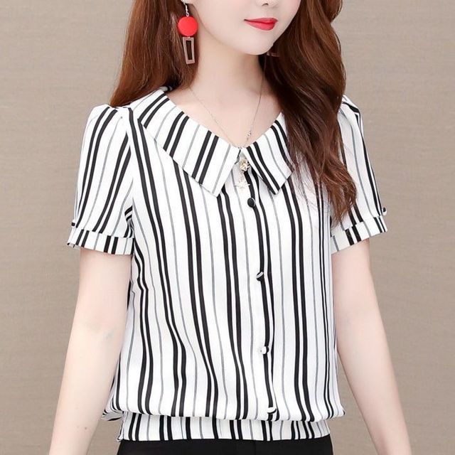 Корейская версия, полосатая рубашка с короткими рукавами, короткая блузка с кукольным вырезом, новый летний топ M-3XL