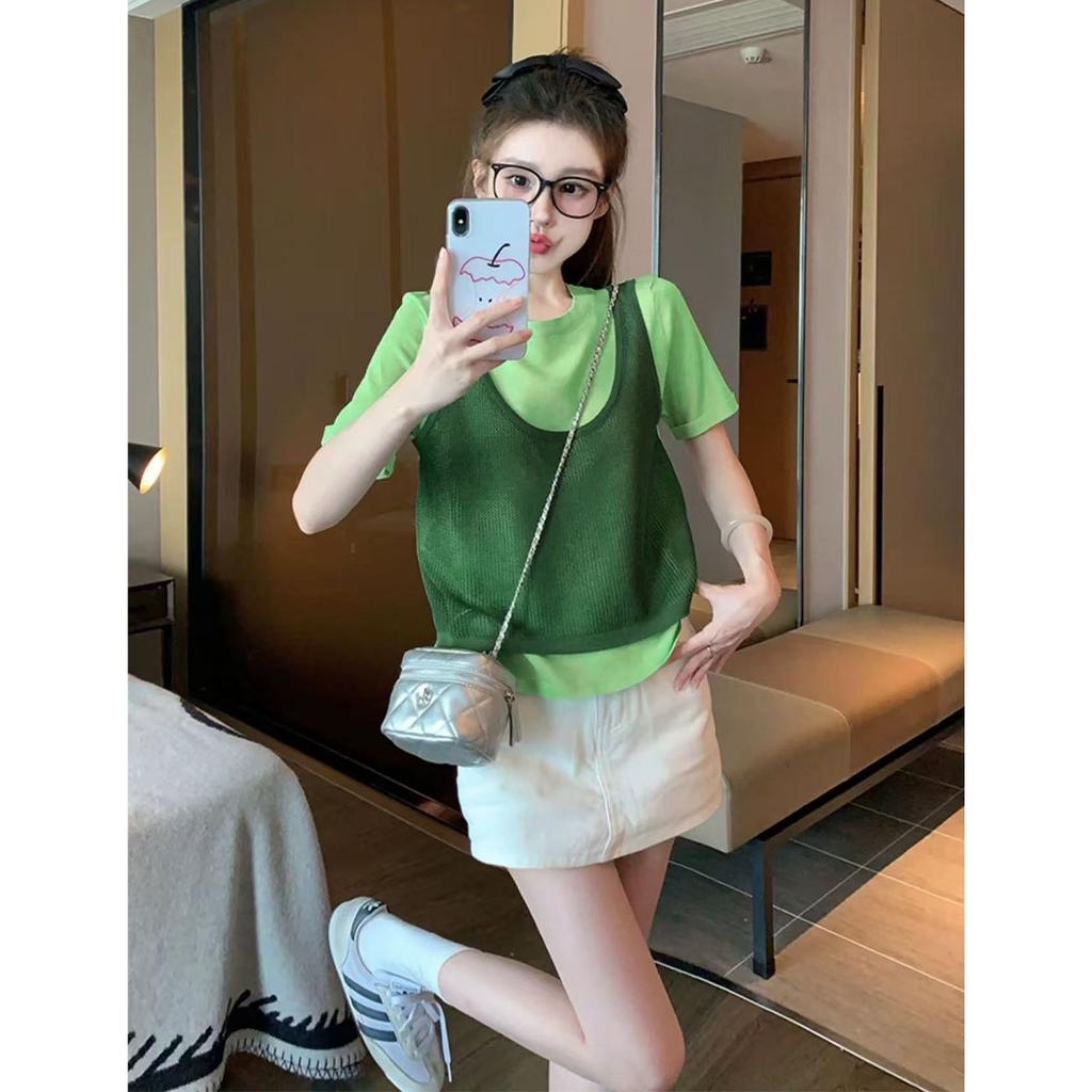 2026 Summer Niche Western-Style Fashionable Versatile Top Korean Contrasting Color Knitted Short-Sleeved T-Shirt for Women
