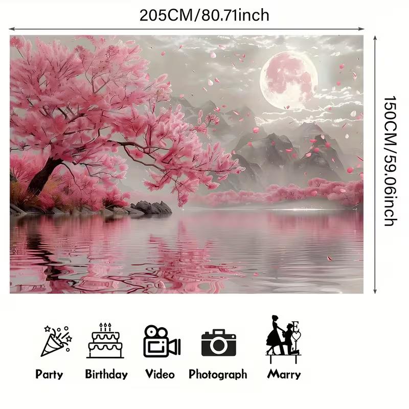 2D Monochrome Grey Tone Pink Sakura and Moon Landscape