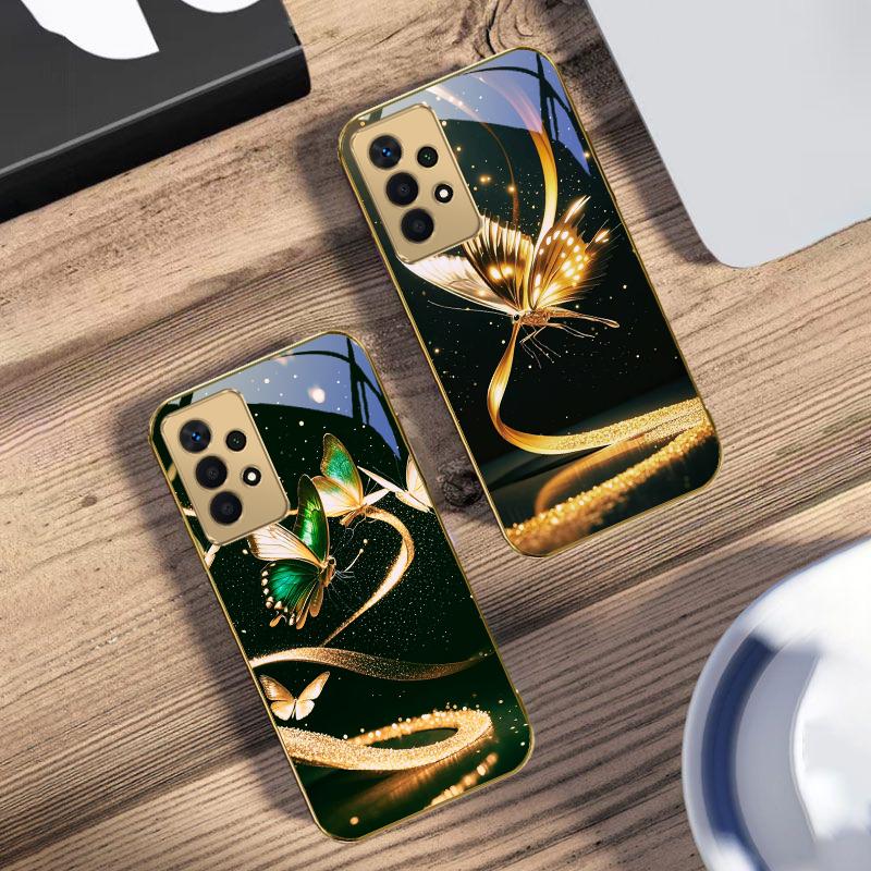 Извивающееся золотое сияние Для Samsung A 01 52S A04 A05S A10 A12 13 22 23 24 36 42 M02 Note 10 20Ultra 8 9 Золотой стеклянный чехол для телефона