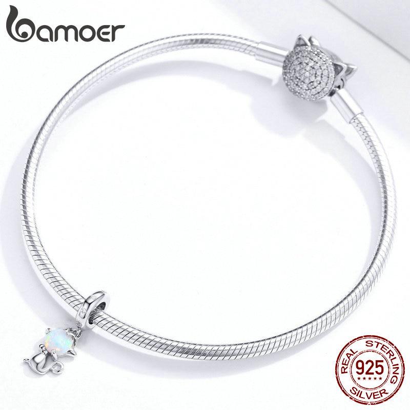 Подвеска-подвеска BAMOER из стерлингового серебра 925 пробы с опалом и котом, подходит для оригинального браслета или ожерелья