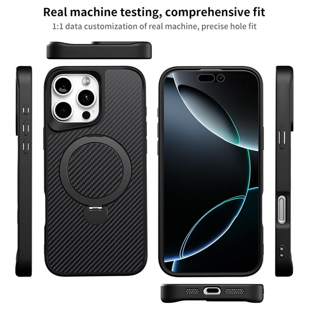 For iPhone 16 Pro Phone Case with Magnetic Kickstand TPU+PC Carbon Fiber Back Cover