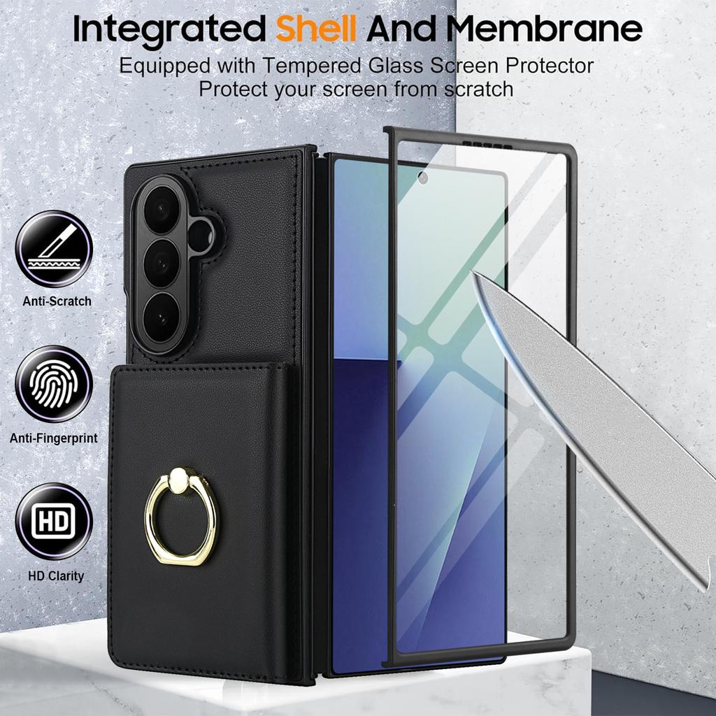 Модный чехол из однотонной кожи для телефона Samsung Galaxy Z Fold7/Z Fold6/Z Fold5 с вращающейся на 360° подставкой
