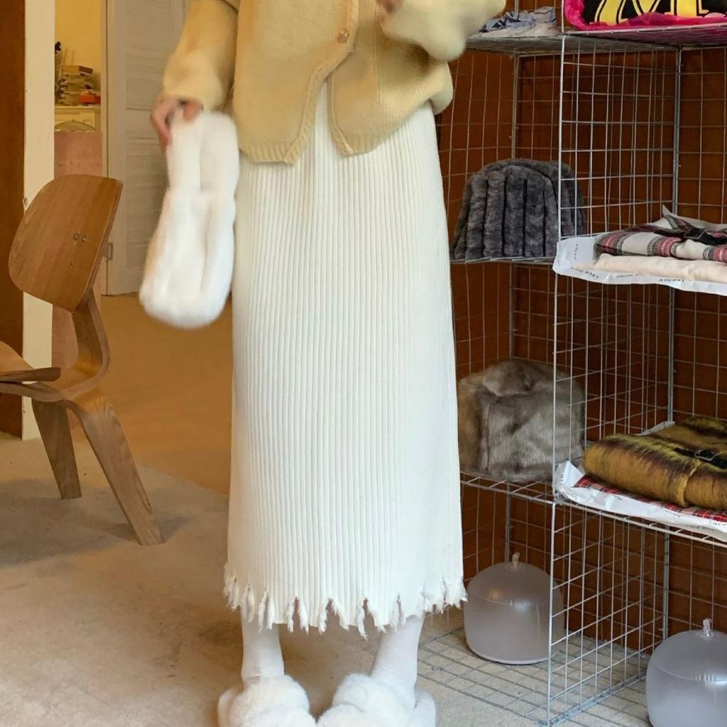 Thickened High Waisted Knitted Skirt for Women In Winter Slim and Medium Long Straight Leg Skirt