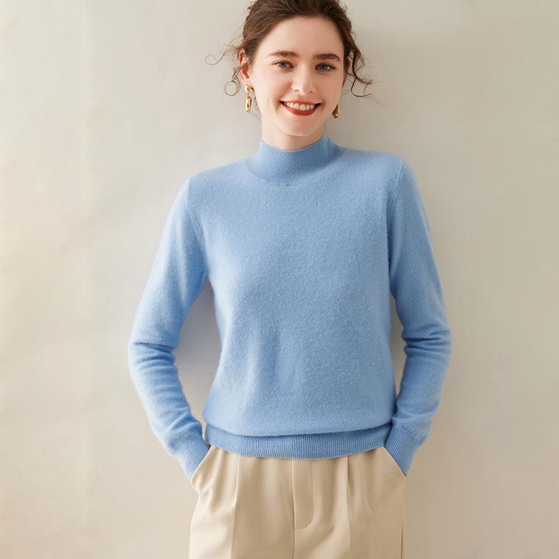 Women's Soft Cashmere Half-High Collar Sweater - Cozy, Loose-Fit, Solid Color, Gentle Style for Autumn/Winter.