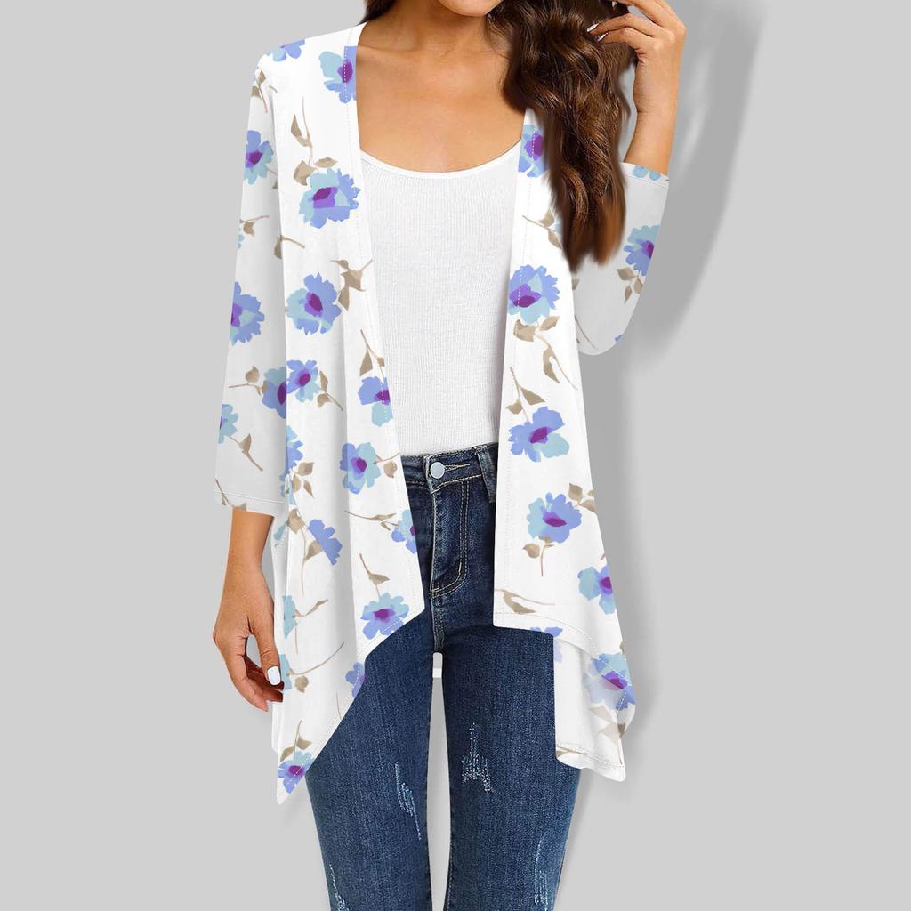 Women's Fall Print Irregular Three-quarter Sleeve Cardigan With Pocket Jacket