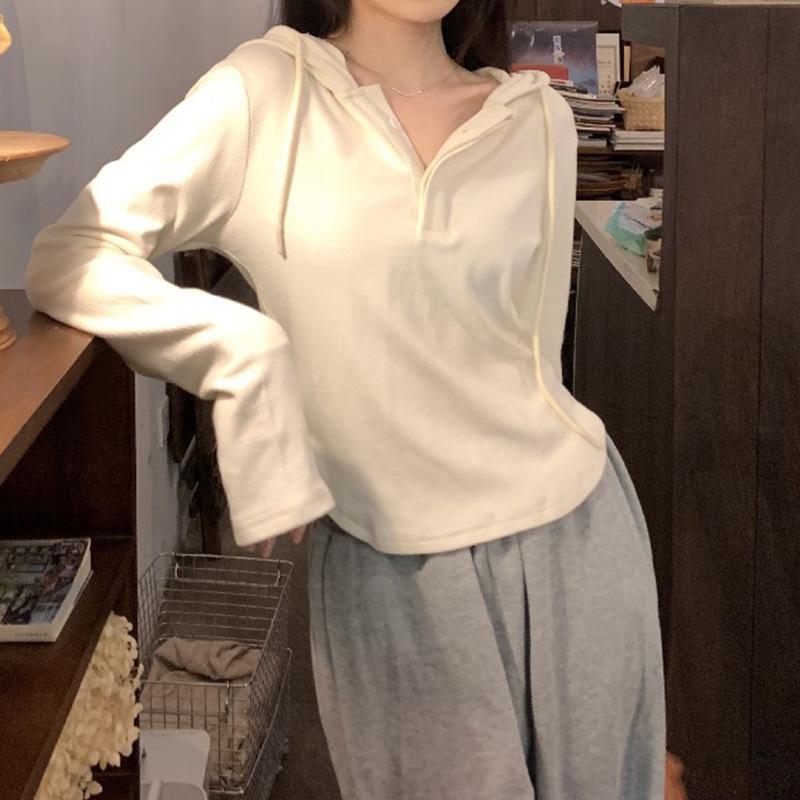 Cotton long-sleeved hooded front shoulder T-shirt women's spring and autumn new slim-fit lazy design with bottoming shirt top