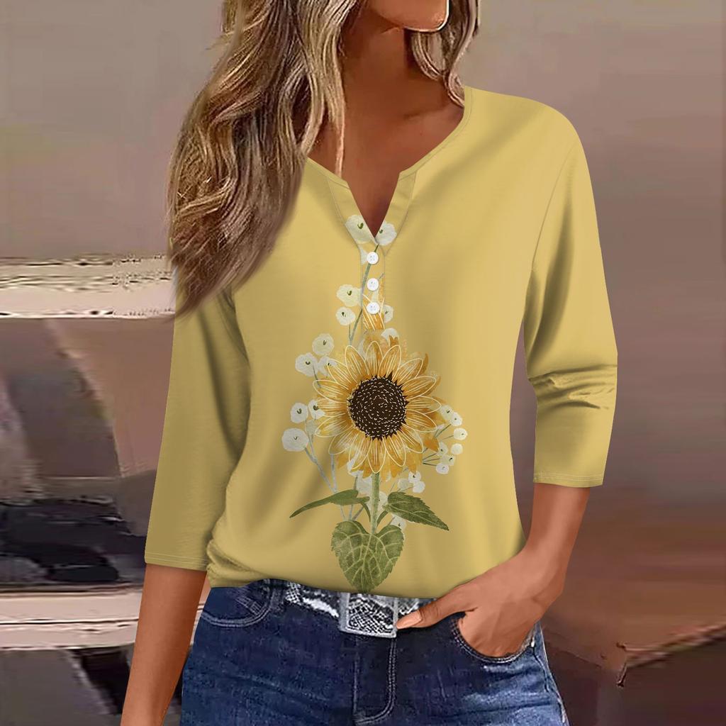 Жен. Футболка Футболка С принтом Пуговицы Рукав 3/4 Повседневные Выходные Мода Классический Классический V-образный вырез Обычный Верх