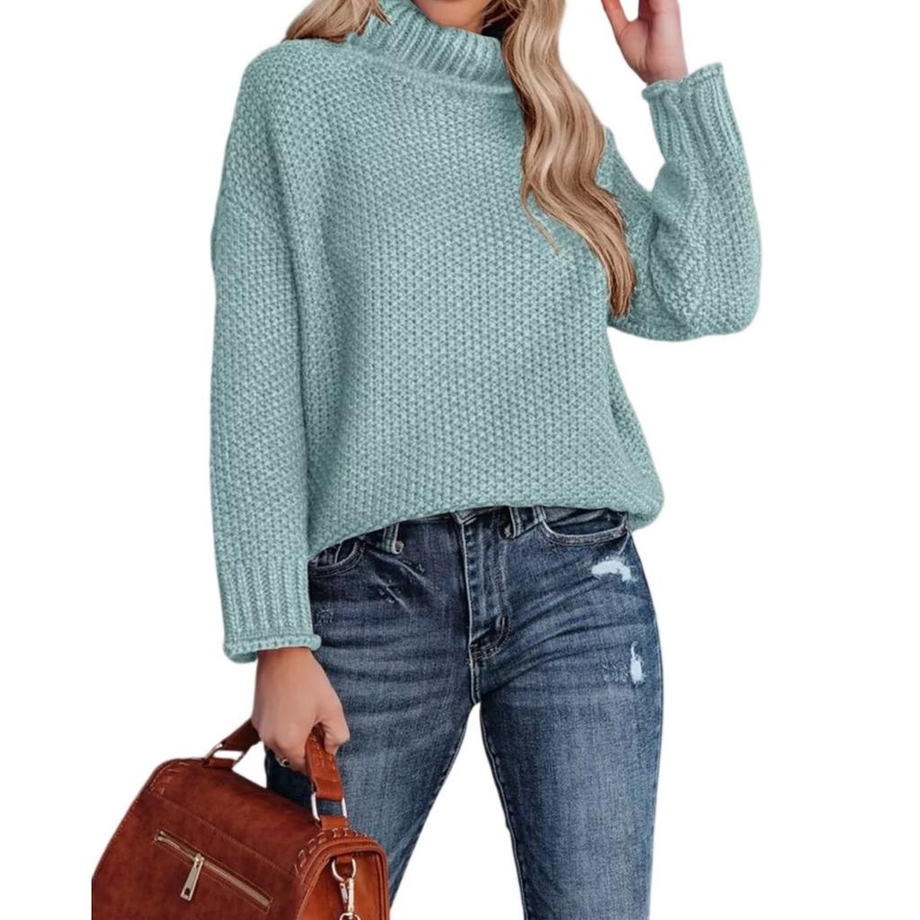 Модный женский вязаный свитер с высоким воротником, длинными рукавами и подвернутым краем