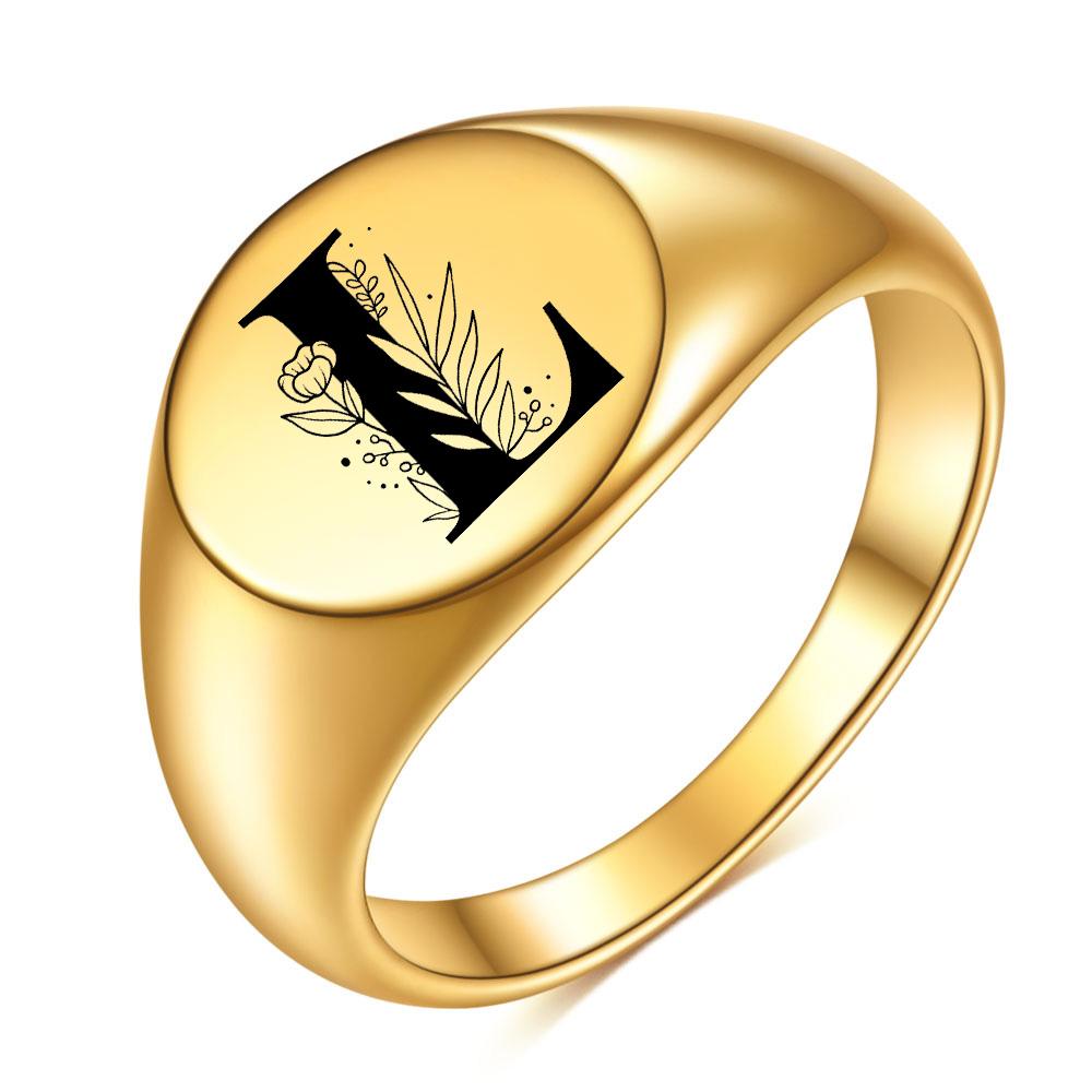 Женщины Мужчины Цветок AZ Буква Золотого Цвета Кольцо На Палец Инициалы Имя Алфавит Женские Партии Массивные Кольца Ювелирные Изделия Из Нержавеющей Стали