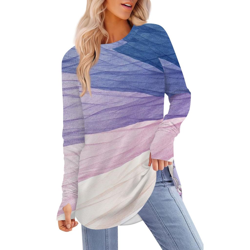 Женская футболка с принтом, круглым вырезом, свободная, с длинным рукавом, средней длины, с отсутствующим большим пальцем