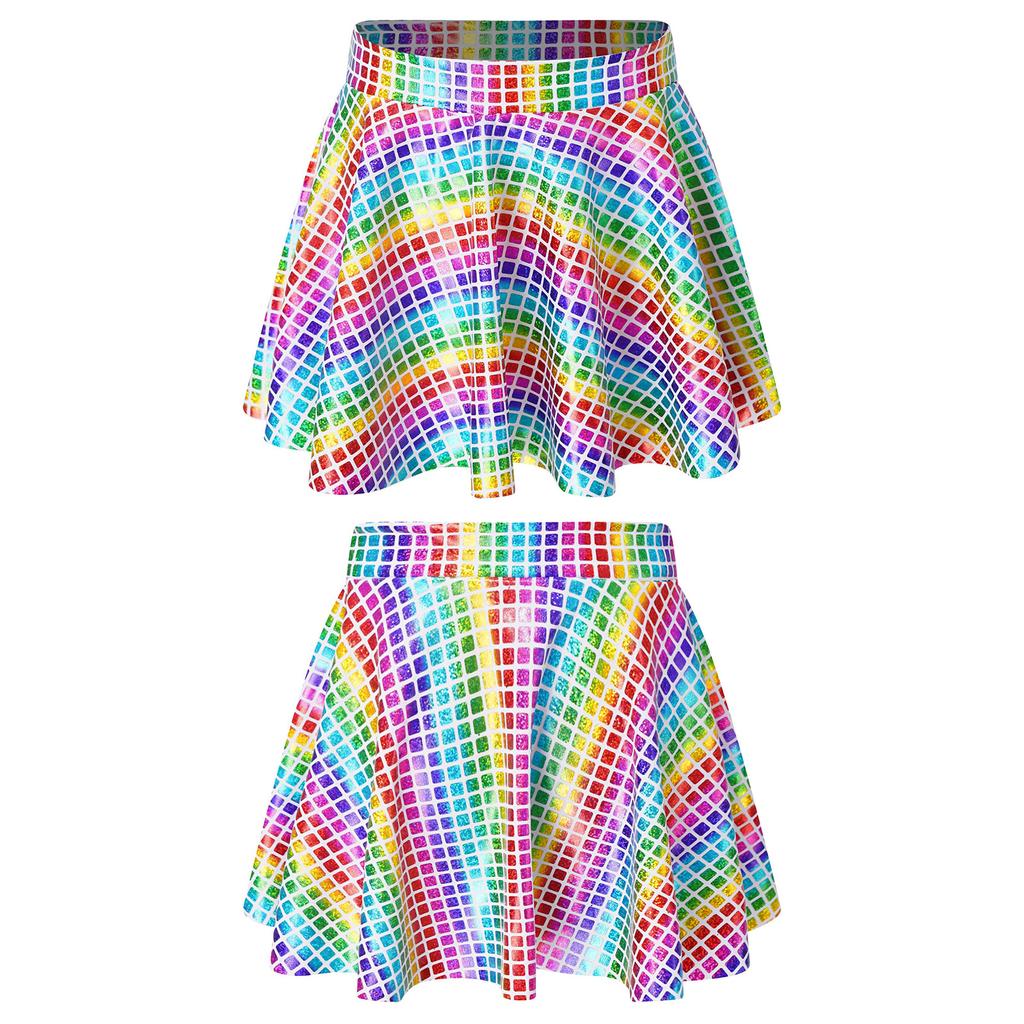Girls Skirt Elastic Waistband Ruffled Shiny Plaid Sequins Clubwear Mini Skirts for Cheerleading Music Festival Rave Costume