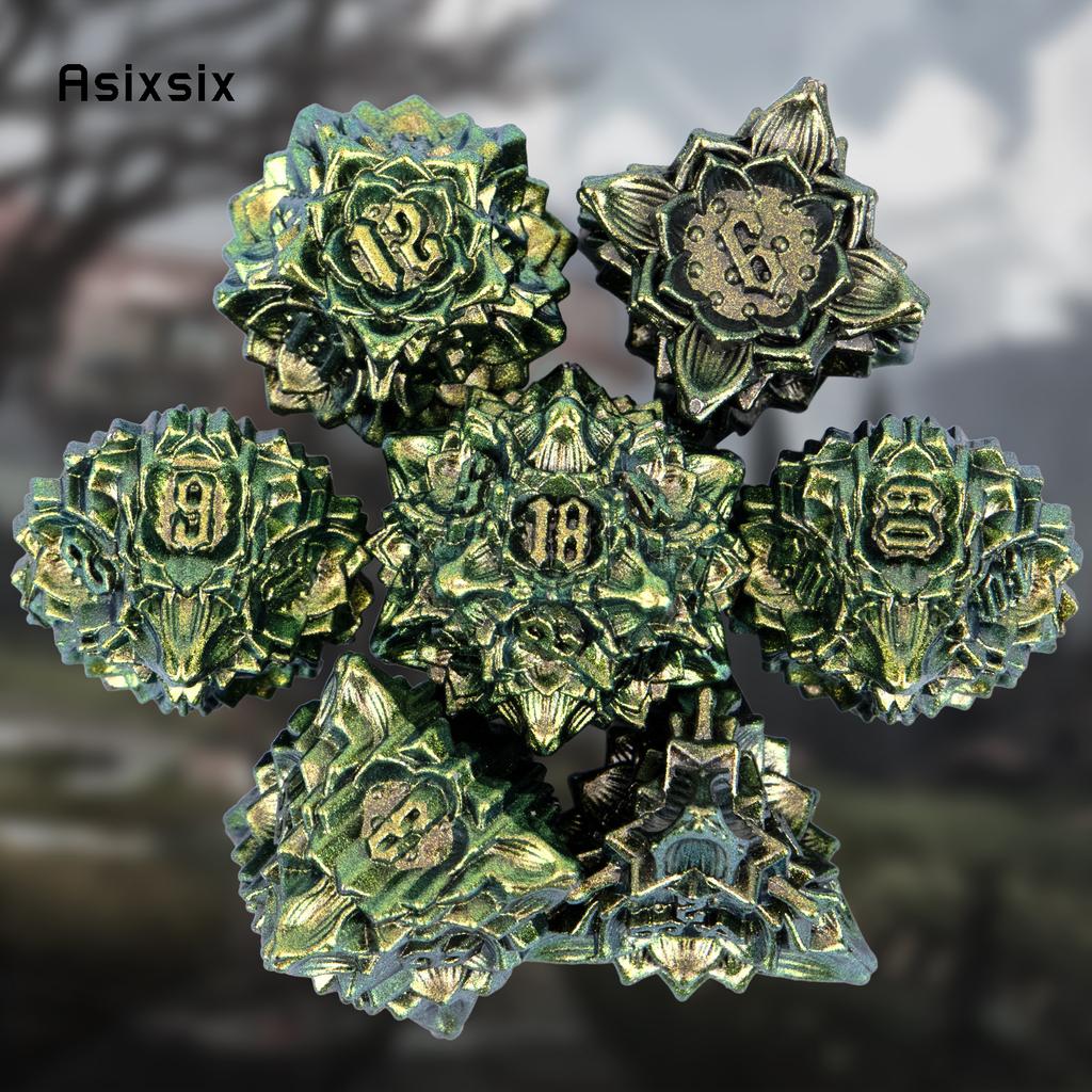 7 Pcs Green Yellow Lotus Flower  Metal Dice Solid Metal Polyhedral Dice Set Suitable for Role-Playing RPG  Board Game Card Game