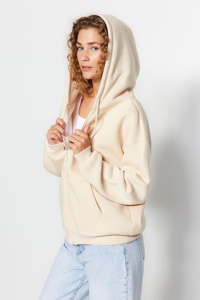 Women's Fashionable Stylish Sweatshirt Stone Oversize Comfortable Cut Basic Hooded Zippered Thick Inside Fleece Knitted Sweatshirt