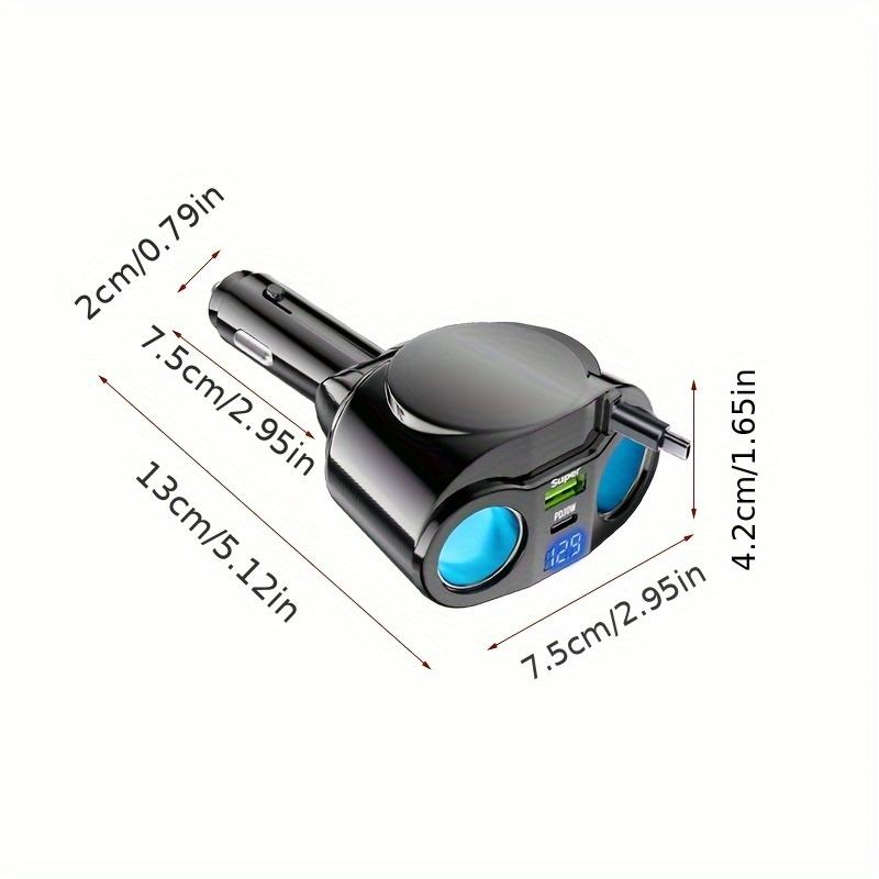 PD30W Fast Charging Car Charger with Retractable Cable, Dual Cigarette Lighter Ports and Real-Time LED Voltage Monitor for Cars and SUVs