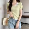 Square Neck Thin T-shirt Women's Short-sleeved Summer Splicing Positive Shoulder CollarboneTops