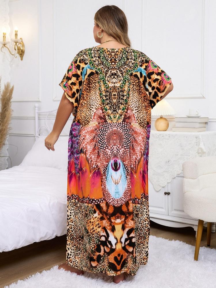 EDOLYNSA Коричневый женский кафтан с леопардовым принтом, длинное платье, домашний халат для отдыха, пляжная одежда в стиле бохо, одежда для отдыха, купальный костюм, накидка Q1476