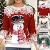 Women Christmas Top Round Neck Christmas Print Pullover Long Sleeves Elastic Cuff Plus Size Snowman Plus Size Lady Xmas T-shirt