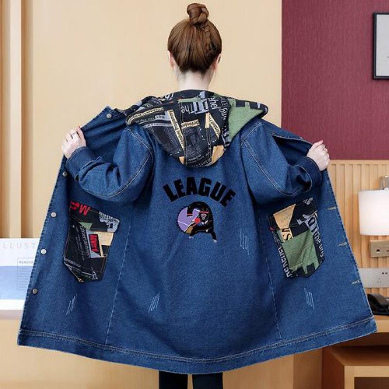 Весенне-осенняя джинсовая куртка женская ветровка с капюшоном пальто с мультяшным принтом длинная верхняя одежда женское свободное пальто больших размеров 5XL