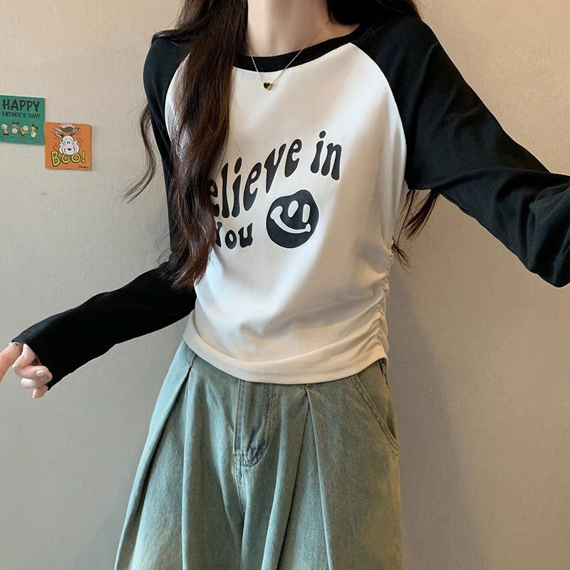 Футболка женская с короткими рукавами и круглым вырезом, с рукавами реглан, с принтом букв, с плиссировкой на талии, с короткими рукавами, верхняя часть рубашки на осень