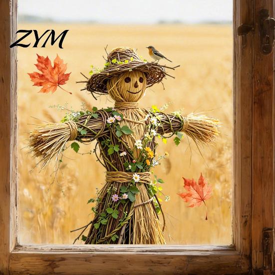 Creative Thanksgiving Gift Scarecrow Window Stickers with Realistic Maple Leaf, Pastoral Decals, Waterproof Durable Film PVC Static Clings for
