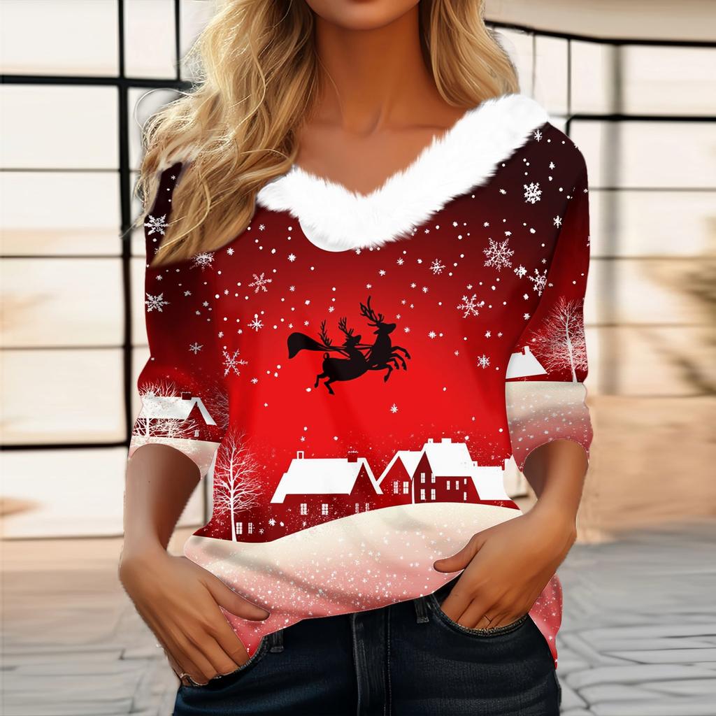 Женская мода с длинным рукавом и рождественским принтом, праздничный воротник, V-образный вырез