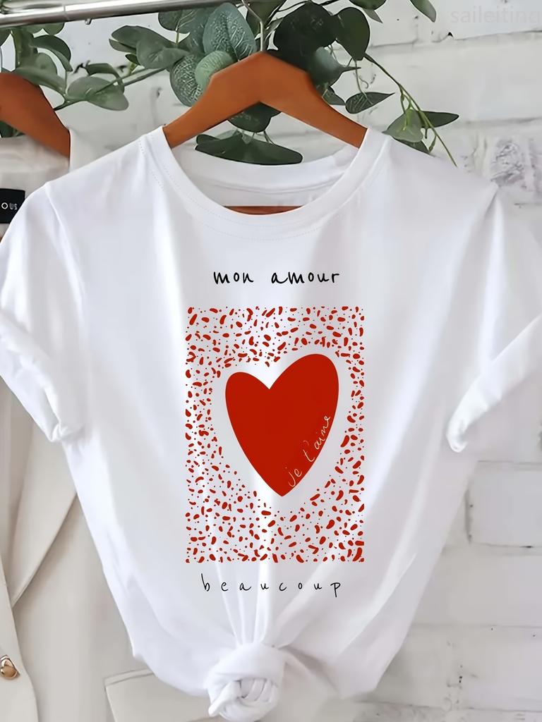 Women's Casual Short Sleeve T-Shirt with Red Dotted Heart Graphic Print Summer Short Sleeved Harajuku Streetwear Tops Tees