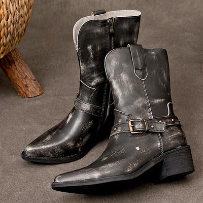 Женские ковбойские сапоги до середины голени в стиле ретро, ковбойские квадратные каблуки, острые носки, платформа, женские толстые каблуки, западные, острые носки, металлические ботинки