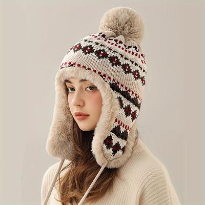Утолщенная холодостойкая шапка с откидными ушками, классическая жаккардовая шапка с жаккардовым узором и помпоном, теплые шапочки, вязаные шапки в стиле бохо для женщин и девочек, осень и зима