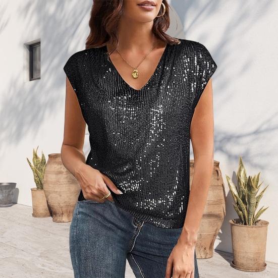 Женский жилет, блестящий топ с пайетками, V-образный вырез, короткий рукав, эластичные топы для вечеринок, летний свободный жилет для повседневной носки