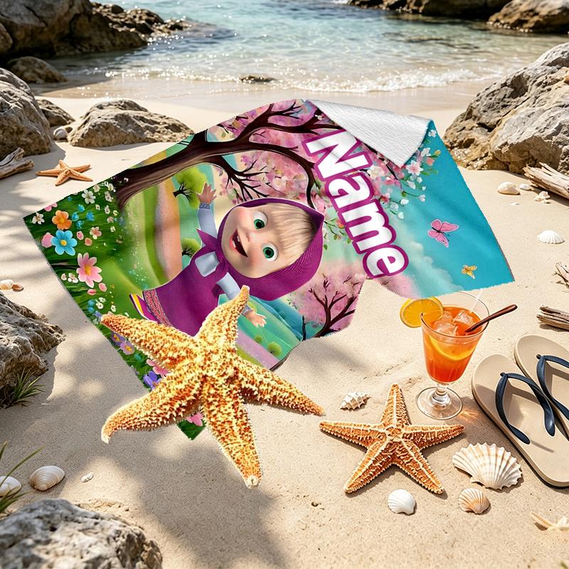 Custom Name Personalized Masha and The Bear Print Beach Towel, for Trip Camping Beach Party Home Decor, Birthday Gift for Family & Friends