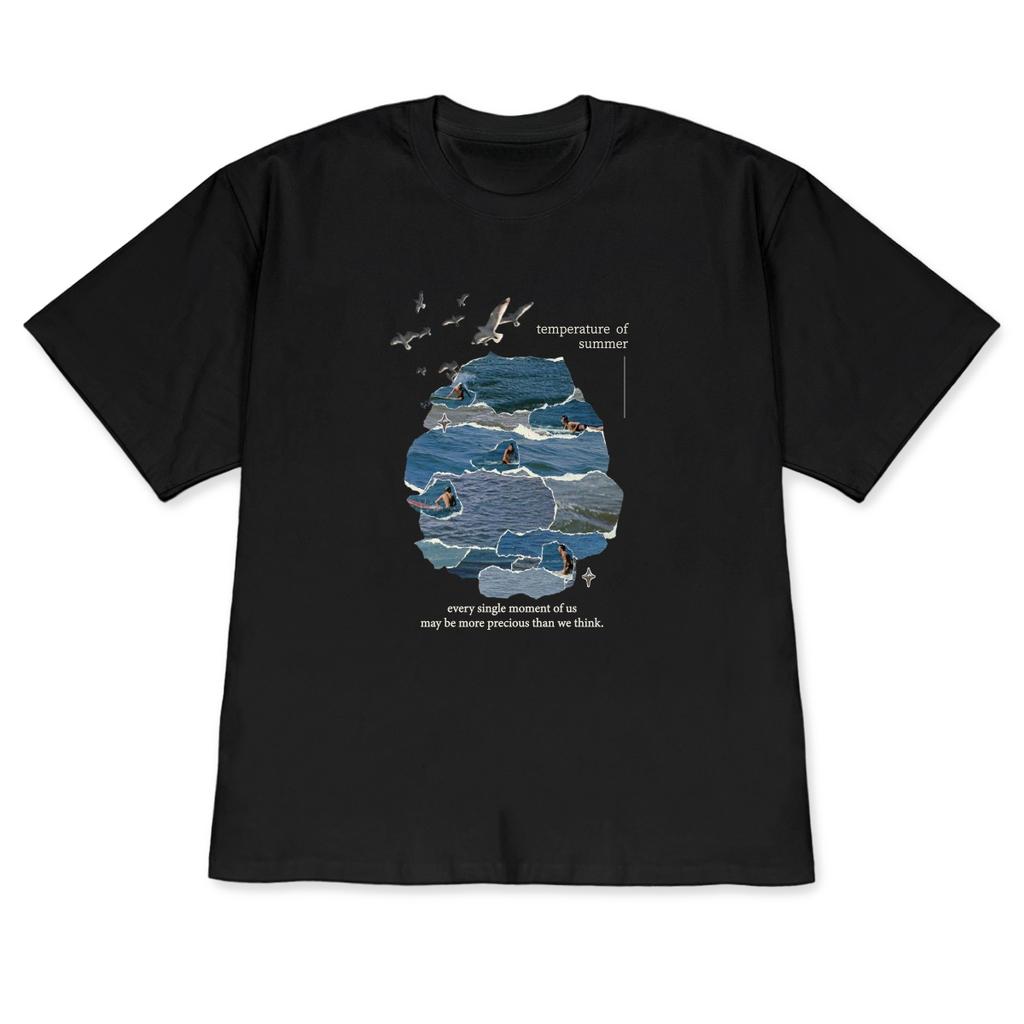 Vintage Ocean Surf Print Tshirt Versatile Shortsleeve Black Casual Crew Neck Top Trendy Summer Tee For Unisex Unisex Streetwear