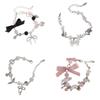 Faux Pearls Beaded Bracelet with Bowknot Pendant Butterfly Knot Charm Wristchain Adjustable Length Handchain Ornament