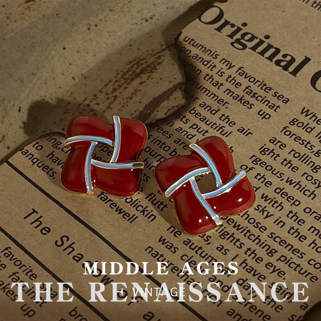 Vintage Burgundy Red Enamel Drop Earrings - Retro French Style Studs