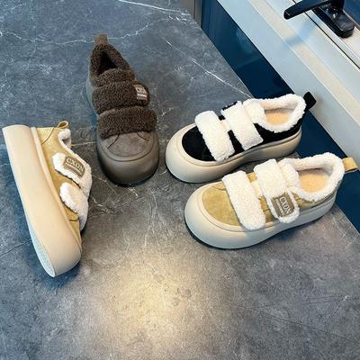 Кожаные маленькие белые туфли женские зимние новые бархатные теплые на липучке женские туфли повседневные универсальные на толстой подошве женские