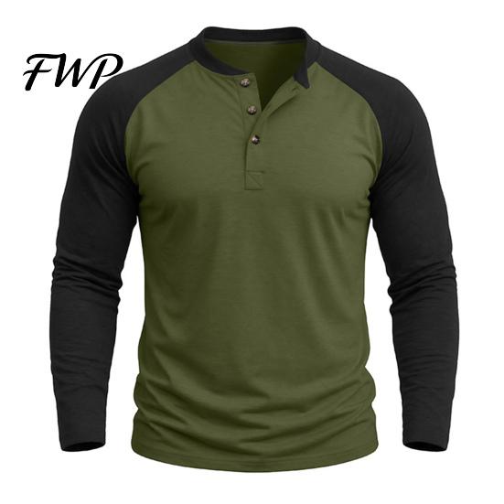 Mens Slim Fit Shirts Men Raglan Shirt, Color Block Long Sleeve T-Shirt, Button Neck Casual Tops Vintage Basic Tee Top for Gym Street Daily Wear