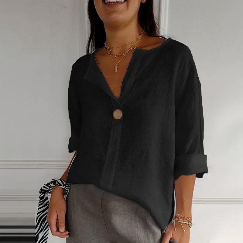 Summer Loose T-shirt Women's V-neck Cotton Linen Button Top T-Shirts Women’s