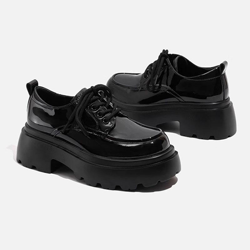 Шнурки для ботинок, Маленькие кожаные туфли, Толстая подошва, Черные туфли на высоком каблуке, Шнурки для увеличения роста, Японская женская обувь с круглым носком