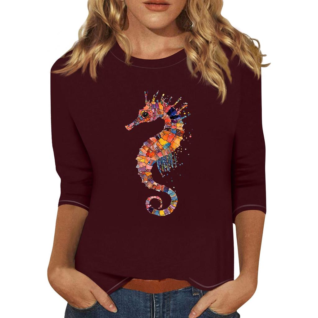 Женская мода повседневная три четверти рукава гиппокамп печать круглый вырез пуловер топ