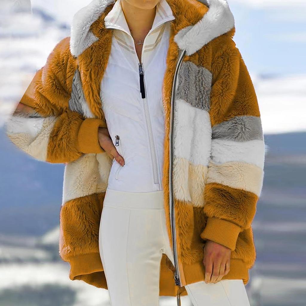 Женское модное зимнее свободное плюшевое пальто с длинным рукавом и карманом на молнии с капюшоном