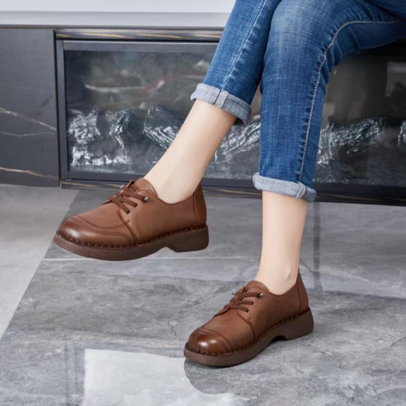 Женские туфли ручной работы в ретро-стиле из кожи на шнуровке, слипоны - мягкая подошва, удобные и повседневные