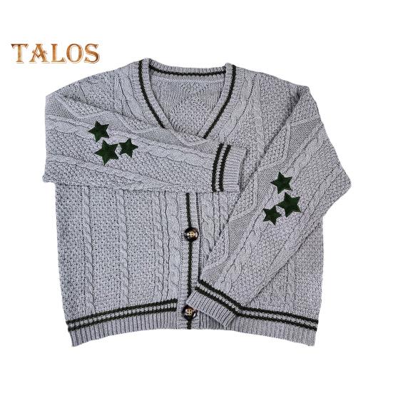 Женский свитер, пальто с V-образным вырезом, длинный рукав, однобортный вязаный кардиган, пэчворк, цветная вышивка, узор в виде звезды, свободный крой, трикотаж