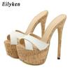 Fashion Eilyken Sexy Super High Heels Slippers Sandals Women PU Leather Party Shoes Fashion Platform Peep Toe Slip On Mules