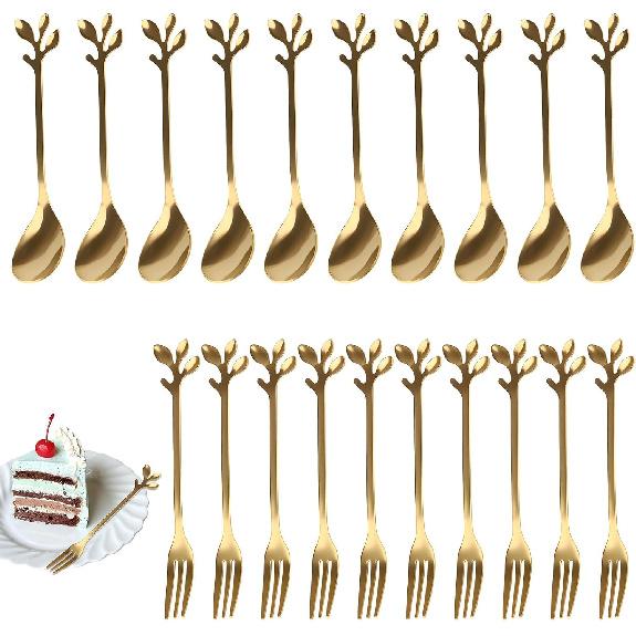20 Pcs Gold Leaf Coffee Spoons and Forks Set, 4.7" Elegant Stainless Steel Mini Dessert Spoons and Forks for Stirring Mixing Tea, Espresso, Ice