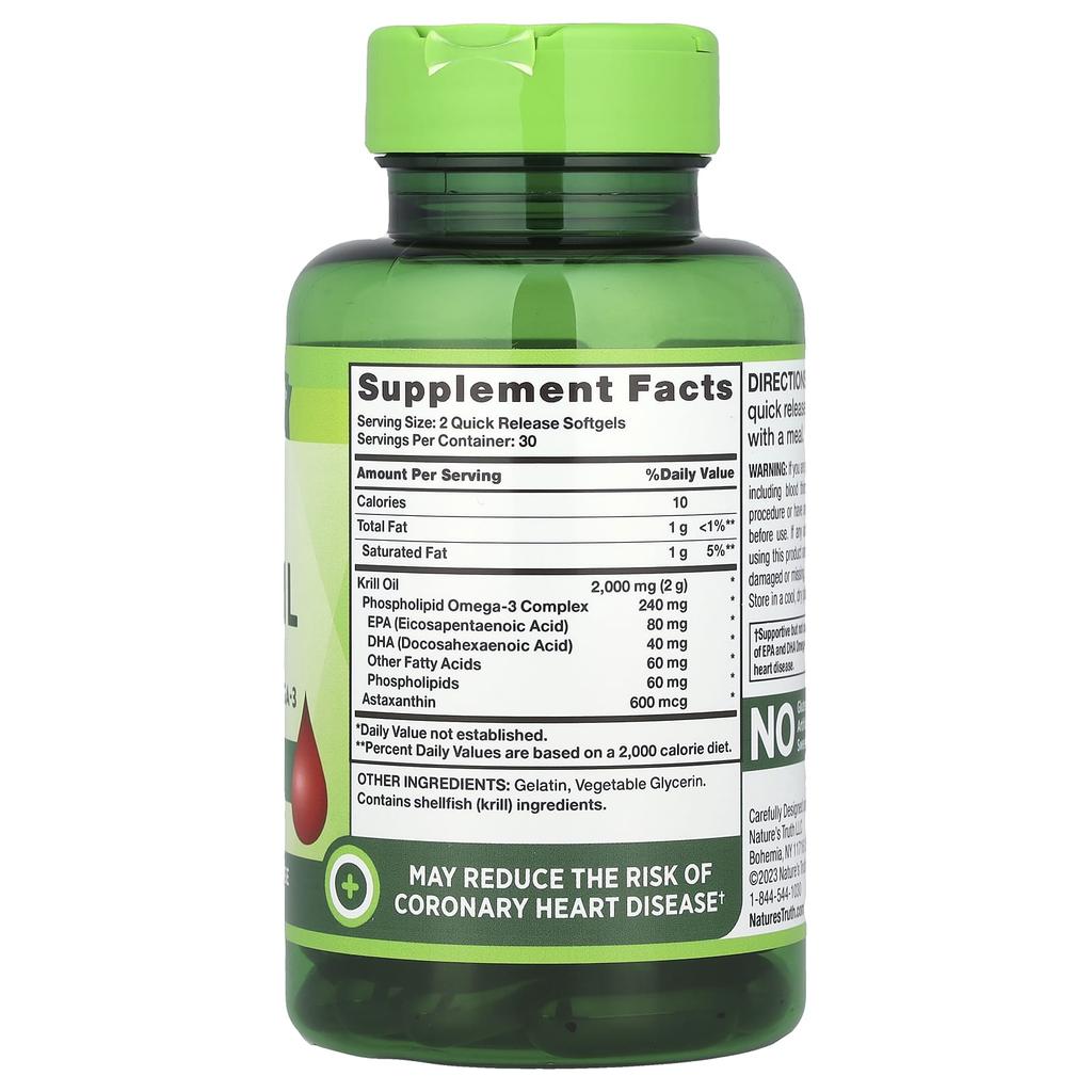 Nature's Truth Red Krill Oil with Omega-3, 2,000 Mg, 60 Immediate-release Softgels (1,000 Mg Per Softgel)