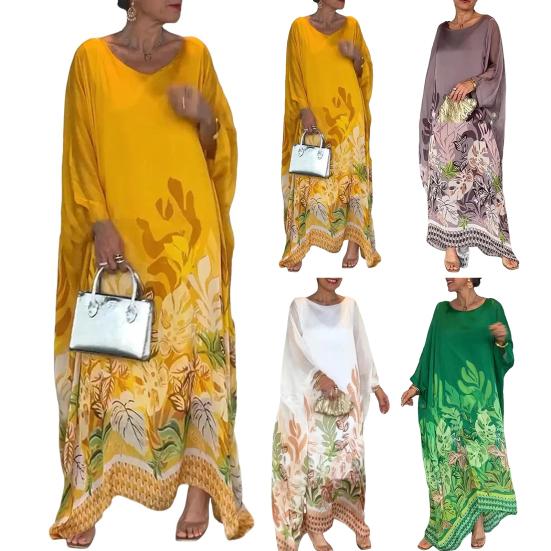 Fall Spring Women Dress Oversized Floral Printing Color Matching Robe Type Long Bat Sleeves Round Neck Irregular Hem Pullover Party Dating Maxi Dress