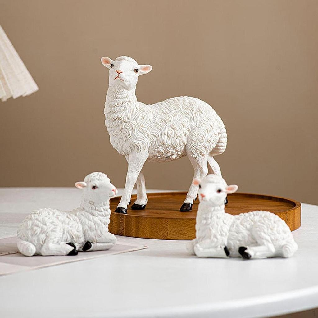 3Pcs Mini Sheep Statue White Lamb Sculpture Lifelike Birthday Gift Desktop Ornament Resin Animal