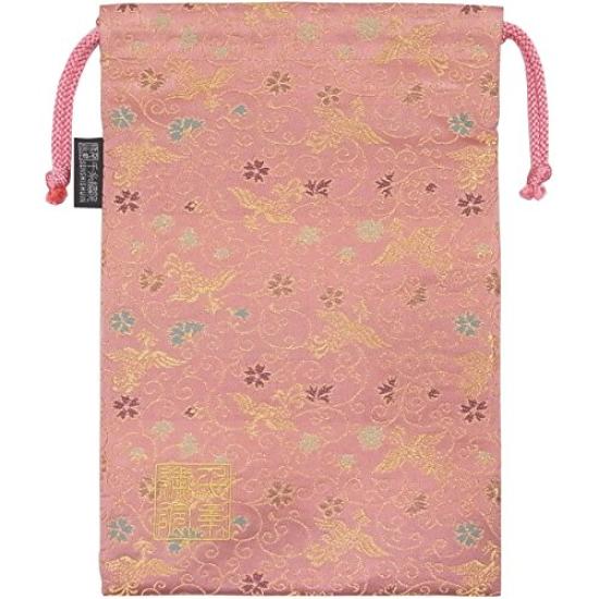 Senshishuin Nishijin Brocade Drawstring Bag Golden Large (Lined) Phoenix/Pale Pink,